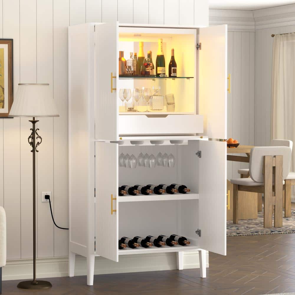 White 35.2 in. W Wine Cabinet with Adjustable Shelves and Built-in LED Lighting