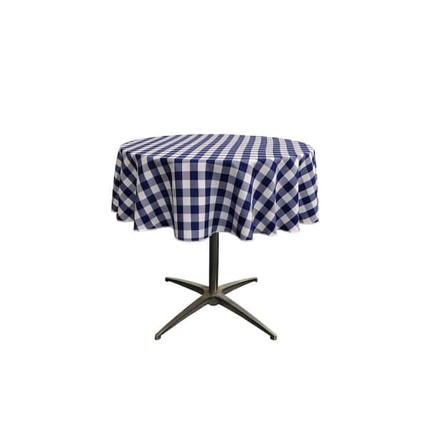 LA Linen 51 in. White and Navy Polyester Gingham Checkered Round Tablecloth