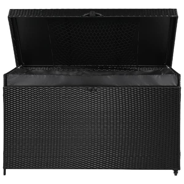 Oyezvary 200 Gal. Black Rattan Deck Box with Wheels All-Weather Outdoor Storage Box Wicker Storage Bin and Galvanized Steel Frame