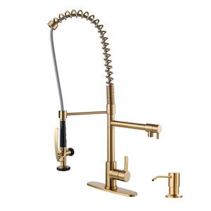 Commercial Deck Mount Double Handle Pull Down Sprayer Kitchen Faucet with Pre-Rinse, Advanced Spray in Gold