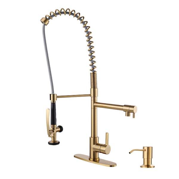 Commercial Deck Mount Double Handle Pull Down Sprayer Kitchen Faucet with Pre-Rinse, Deck Plate, Soap Dispenser in Gold