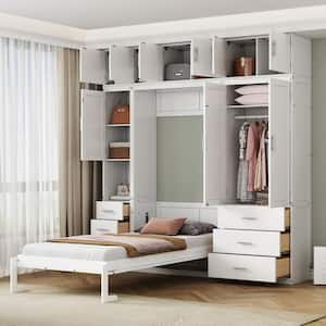 White Wood Frame Twin Size Murphy Bed with Shelves, Drawers, Lockers and Wardrobes