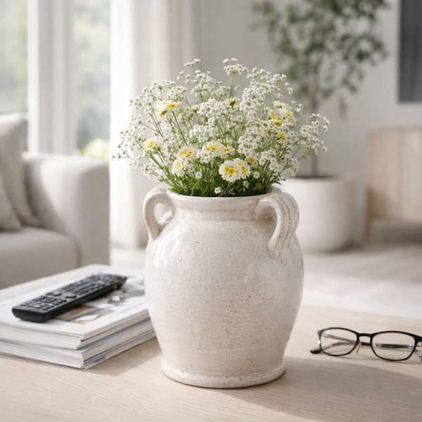 9.5 in. White Ceramic Geometric Decorative Vase with Handles