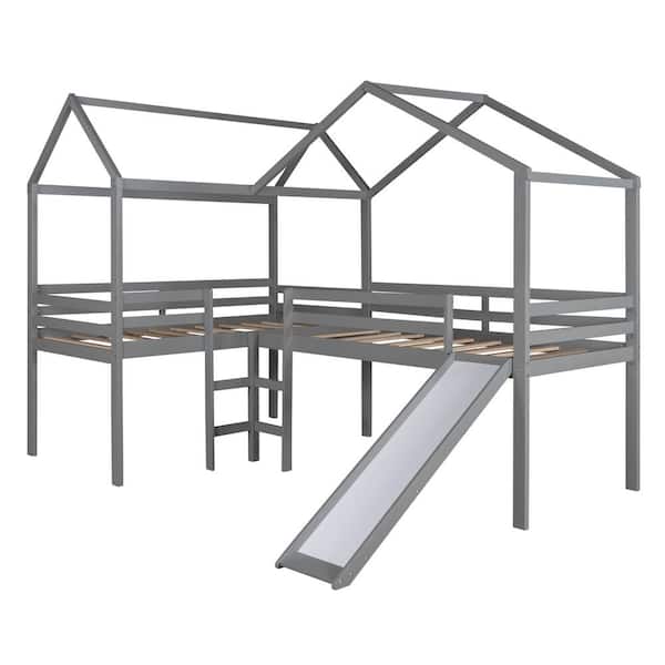 aisword Twin size Loft Bed Wood Bed with Roof, Slide, Guardrail, House Bed - Gray