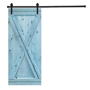 Modern X Style Series 38 in. x 84 in. Slick Blue stained Knotty Pine Wood DIY Sliding Barn Door with Hardware Kit