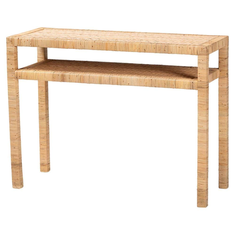 Light Honey Acacia Wood and Rattan Console Table with Storage