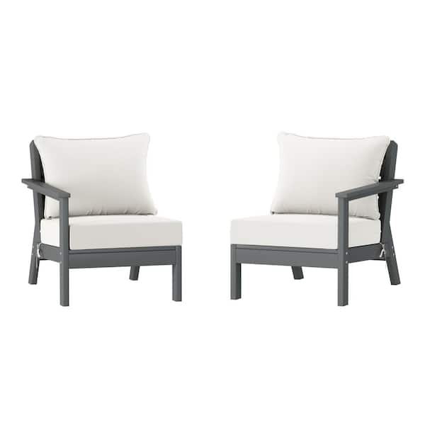 Birchwood Gray Arrangeable Outdoor Patio 2-Piece Deep Seating HDPE Loveseat Arm Chair Set with White Cushions