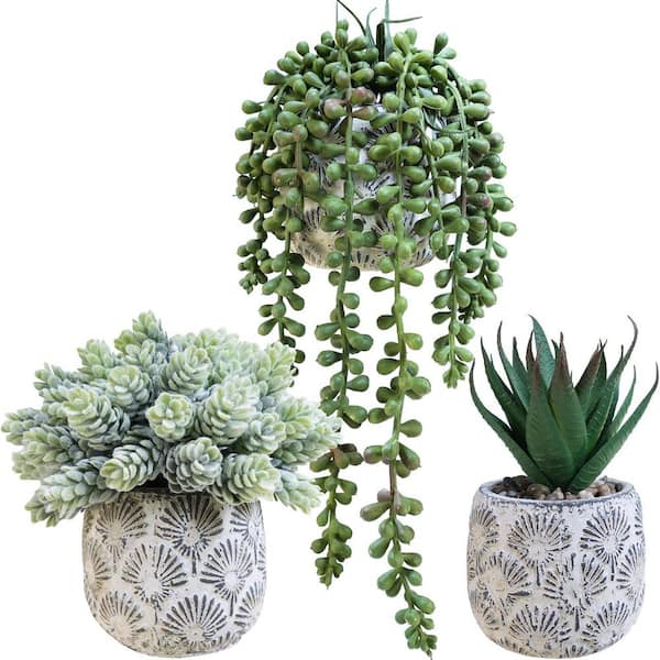 Unbranded 4 in. (Set of 3) 6-12 in. Green Indoor/Outdoor Artificial  Succulent Plants in Black Concrete Planters Home Decor 59C1124D1943