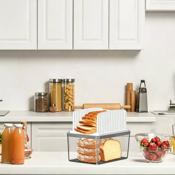 1-Piece Bread Box with Bread Slicer, Bread Slicing Guide Adjustable Width, Compact Cutting Guide with Crumb Tray