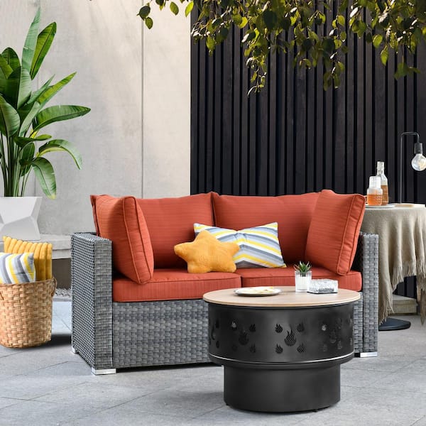 Daffodil Q Gray 3-Piece Wicker Patio Wood Burning Fire Pit Conversation Sofa Set with Orange Red Cushions