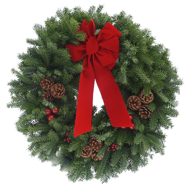 Unbranded 22 in. Fresh Cut Fraser Fir or Balsam Fir Wreath with Bow and Simple Decorations