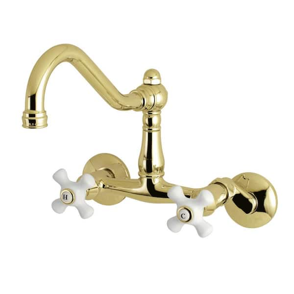 Reviews For Kingston Brass Vintage 2 Handle Wall Mount Standard Kitchen Faucet In Polished Brass Hks3222px The Home Depot