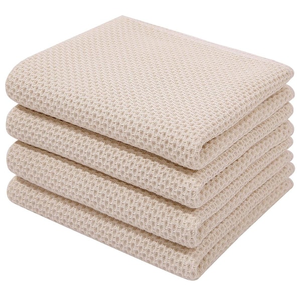 Beige Waffle Weave 100% Cotton Kitchen Dish Towels Set of 4, Soft Absorbent Quick Drying, 13 in x 28 in