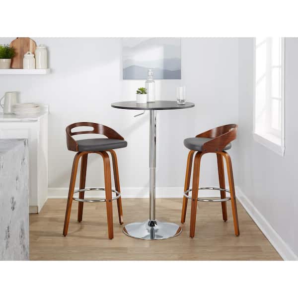 Lumisource Cassis 29.5 in. Grey Faux Leather, Walnut Wood and Chrome Metal Fixed-Height Bar Stool (Set of 2)