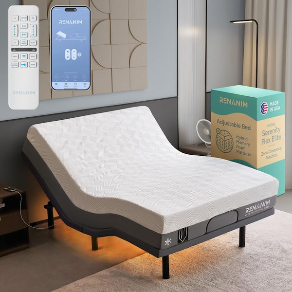 Gray SFE Full Adjustable Bed Frame Plus Firm Hybrid Memory Foam Mattress-USB, Under Bed Light, Wireless Remote