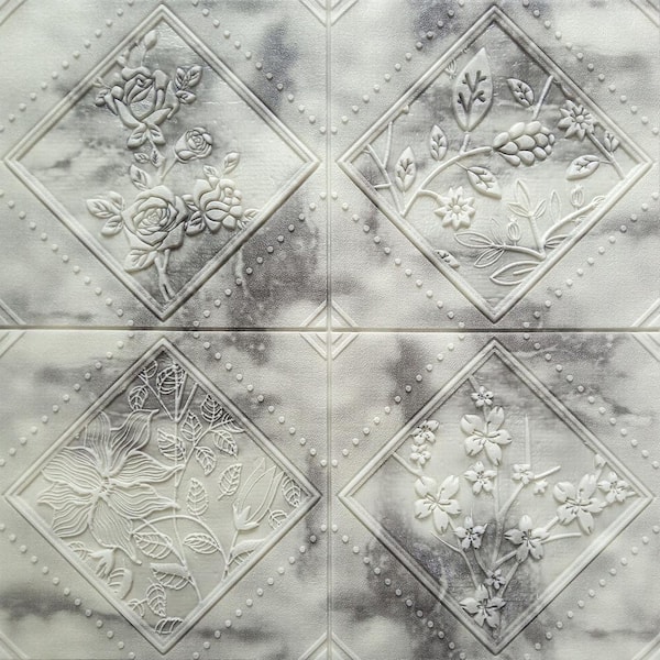 Dundee Deco Falkirk Jura II 1/3 in. 28 in. x 28 in. Peel and Stick Off White Charcoal Flowers Rhombus Foam Decorative Wall Paneling