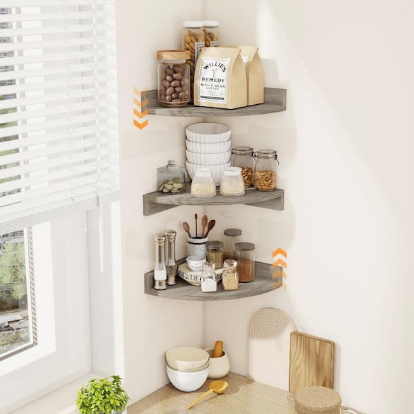 11.5 in. W x 11.5 in. D Gray Wood Floating Corner Shelves Set of 3, Wall-Mounted Space-Saving Decorative Wall Shelf