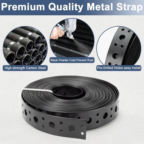 Black 1 Inch X 50FT Metal Strapping With Holes – 0.03'' Thick Galvanized Steel For Pipes, Ducts & More