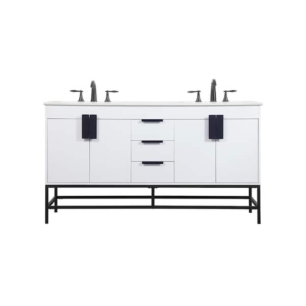 Unbranded Simply Living 60 in. W x 22 in. D x 33.5 in. H Bath Vanity in White with Ivory White Engineered Marble Top
