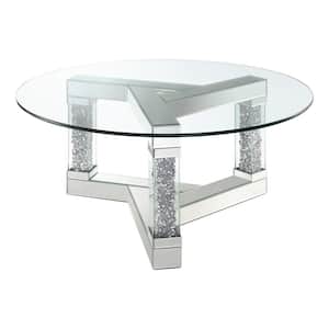 Octave 39.75 in. Mirrored Round Glass Top Coffee Table with Square Post Legs