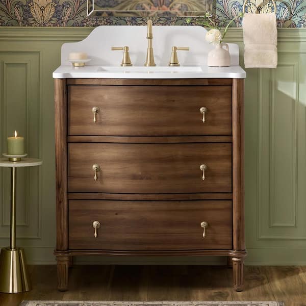 Guildhall 31 in. Single Sink Freestanding Bathroom Vanity in Warm Walnut with White Quartz Top (Assembled)