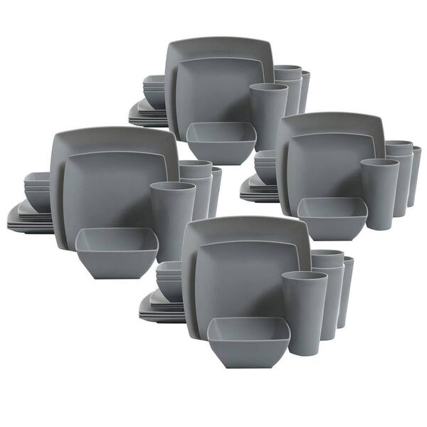 Gibson 16-Piece Grey Square Melamine Dinnerware Plates, Bowls, and Cups (4-Pack)
