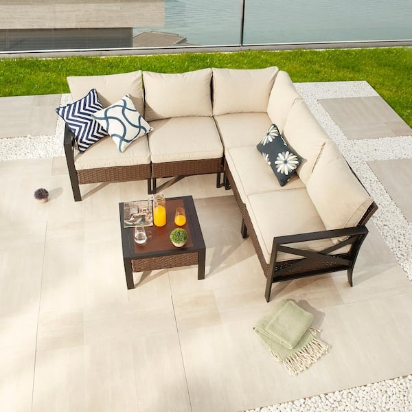 Patio Festival X-Arm 6-Piece Wicker Conversation Set with Beige Cushions