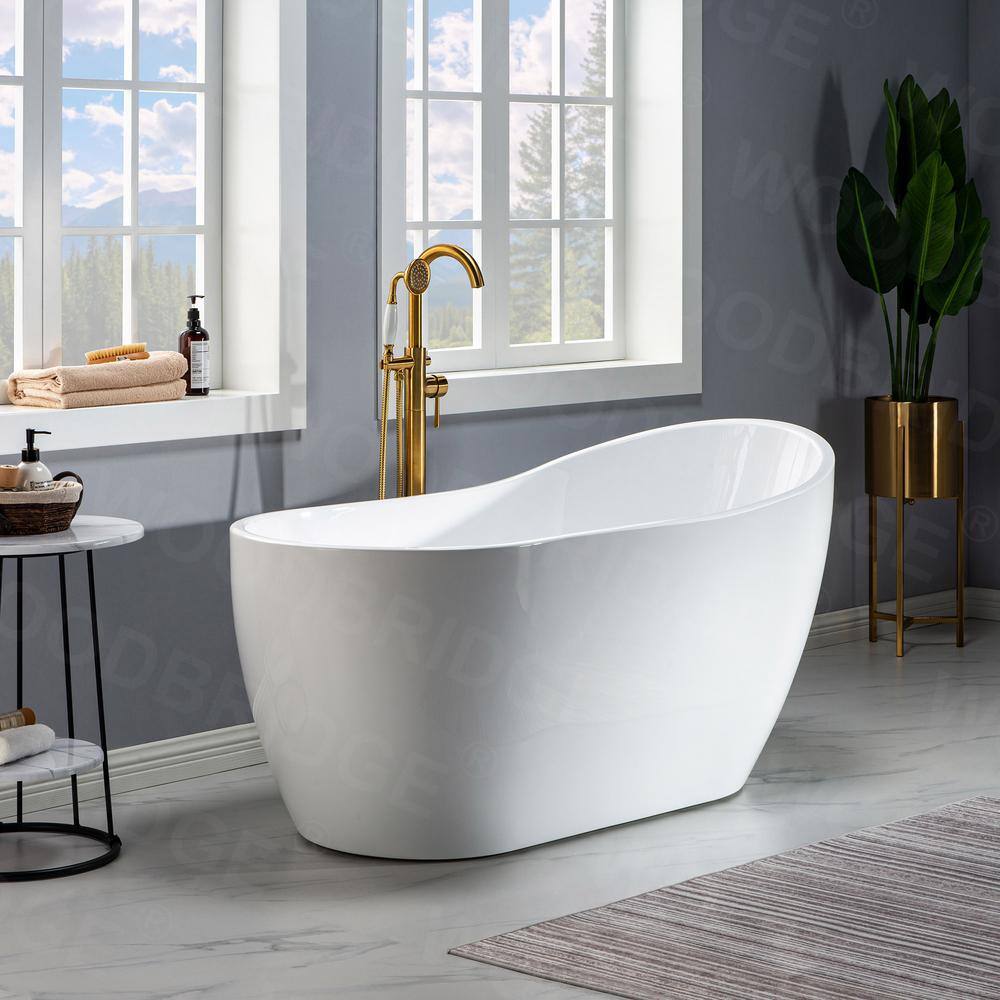59" White Acrylic Freestanding Single Slipper Bathtub with Brushed Nickel Trim