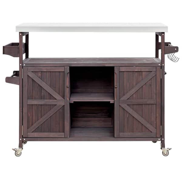 Unbranded Dark Brown Wood 50.25 in. Kitchen Island with Stainless Steel Top, Spice Rack, Towel Rack, Wheels