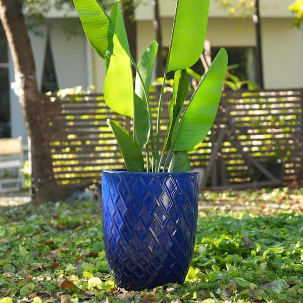 1-Piece 21.26 in. H Handmade Round Navy Blue Ceramic Planter with Diamond Pattern for Indoor Outdoor Use