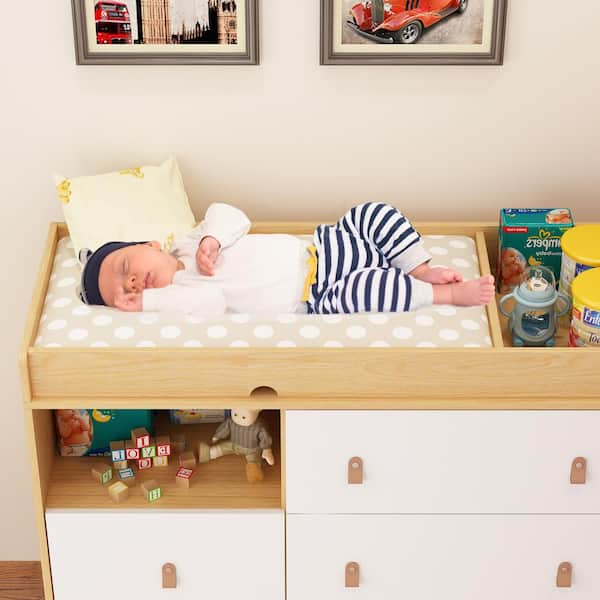 4-Drawer Brown Wood 44.9 in. W Kids Low Dresser Storage Organizer Cabinet  With Changing Table Open Shelf
