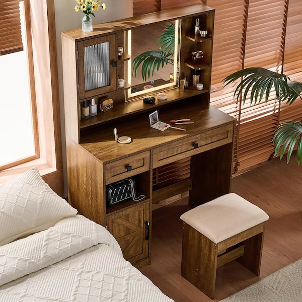 Brown 37.4 in. W Makeup Vanity Dresser with Mirror, Charging Station, Shelves, 2 Drawers, Stool and Lights