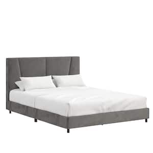 Maverick Gray Wooden Frame Queen Size Platform Bed with Upholstered Gray Velvet Headboard