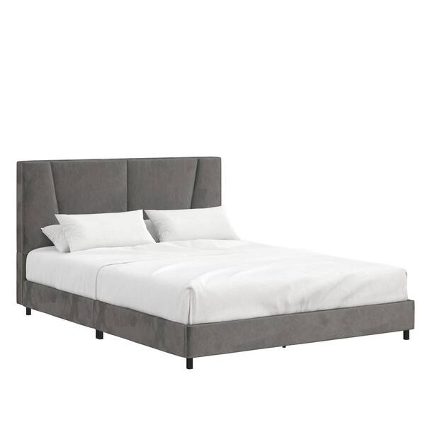 REALROOMS Maverick Gray Wooden Frame Queen Size Platform Bed with Upholstered Gray Velvet Headboard