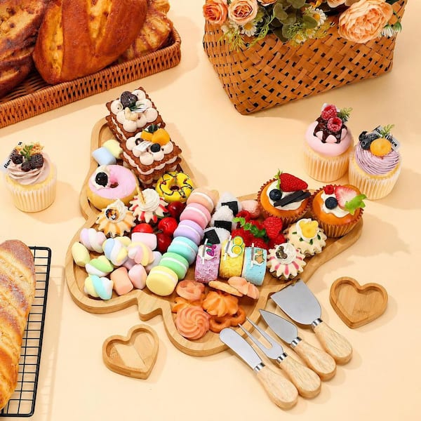 7-Piece Butterfly Bamboo Cheese Board Set with Knives 16.54 x 11.81 in. and Heart Sauce Dishes