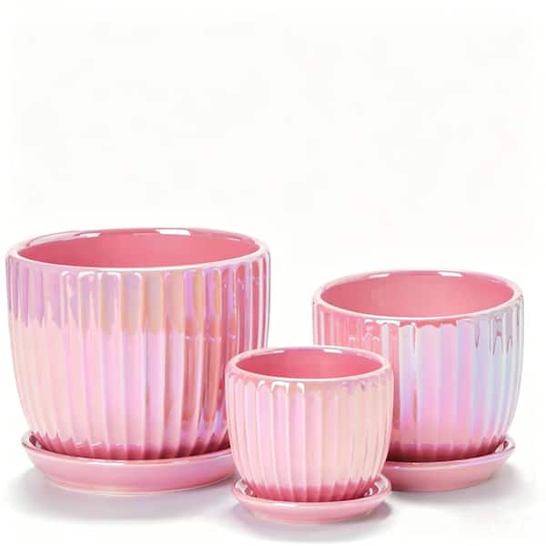 Pink Gold Ceramic Succulent Planters Set with Drainage & Saucers for Indoor,Set of 3(4"+5"+6"Inch) LY260100
