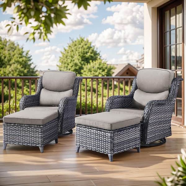 Carolina 4-Piece Gray Wicker Outdoor Swivel Glider Chairs with Thick Gray Cushion