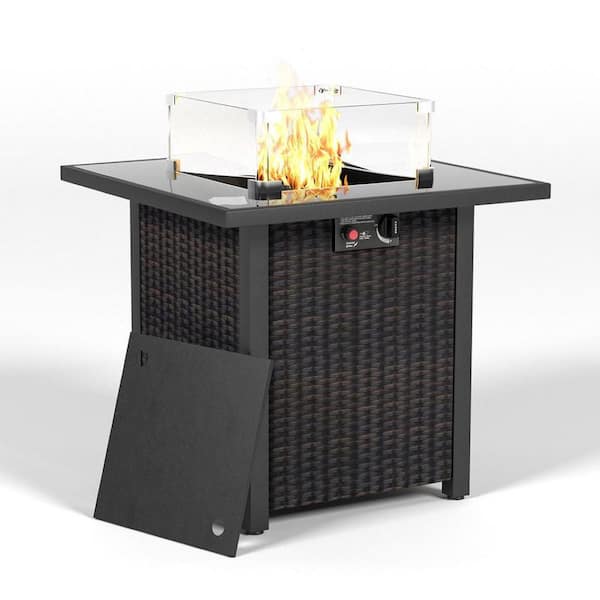 Oyezvary 28 in. Outdoor Propane Fire Pit Table with Glass Windscreen Protector - Rattan and Wicker-Look in Brown