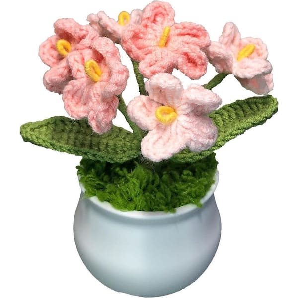 Afoxsos 5.5 in. H Pink Gradient Myosotis Crochet Potted Flower for Home and Car Decoration Artificial