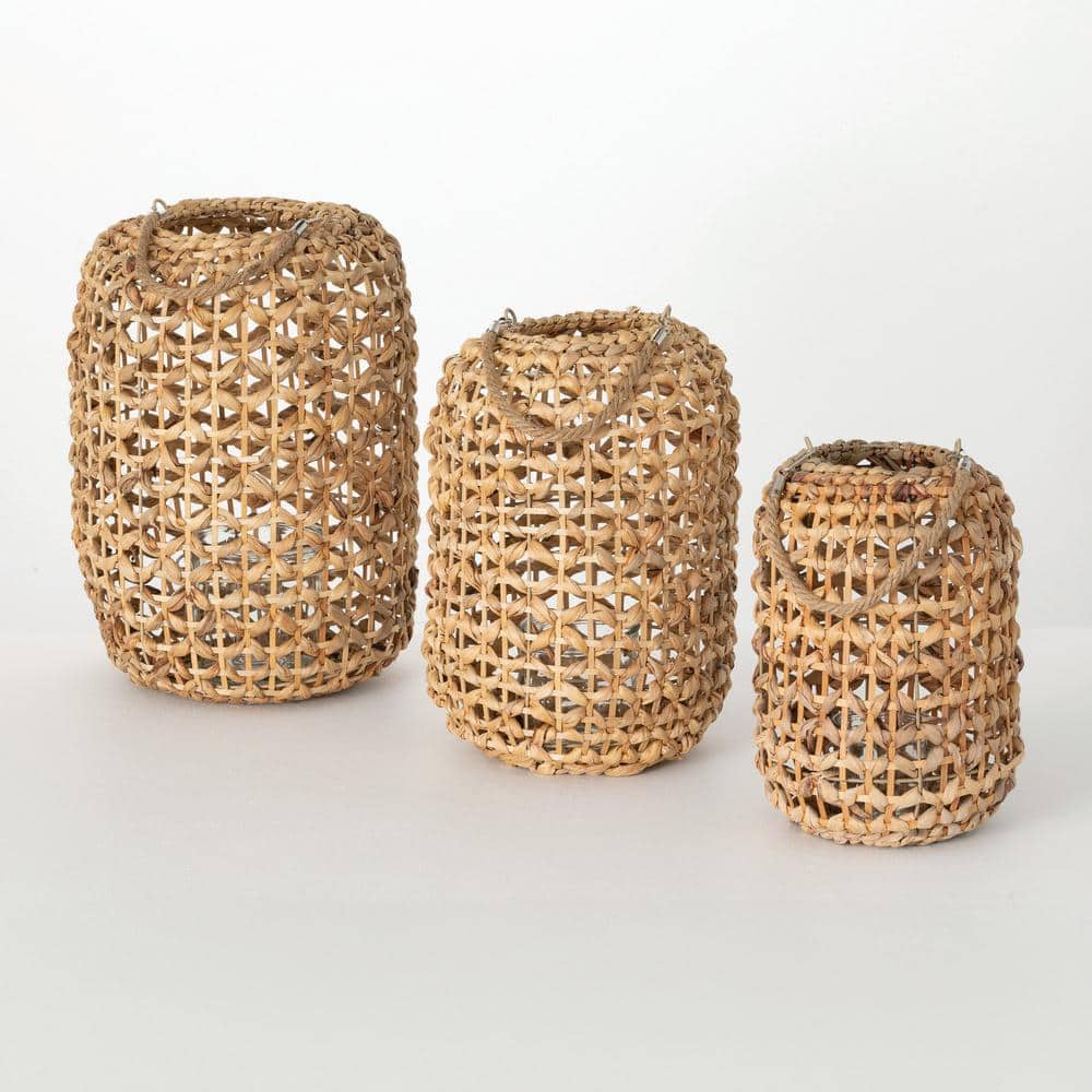 Natural Woven Rattan Hanging Lantern Set of 3, Brown