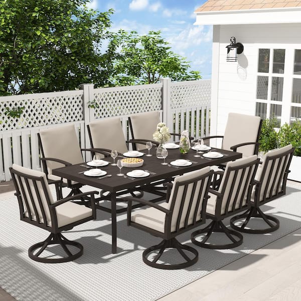 AluLux 9-Piece Dark Brown Aluminum Outdoor Dining Set with 8-Swivel Dining Chairs and Washable Sandspit Brown Cushions