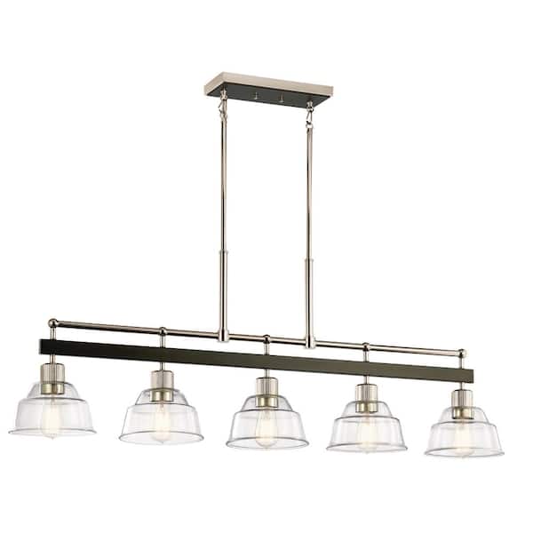 Eastmont 50 in. 5-Light Polished Nickel Vintage Industrial Shaded Linear Chandelier for Dining Room
