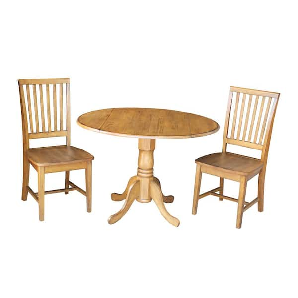 International Concepts Brynwood 3-Piece 42 in. Distressed Pecan Round Drop-Leaf Wood Dining Set with Mission Chairs