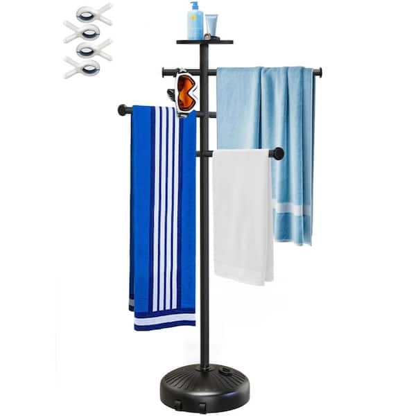 63 in. Freestanding 6- Bar Towel Rack with Wheels, Tray and Adjustable Bars, Indoor Outdoor, Hot Tub Accessories, Black
