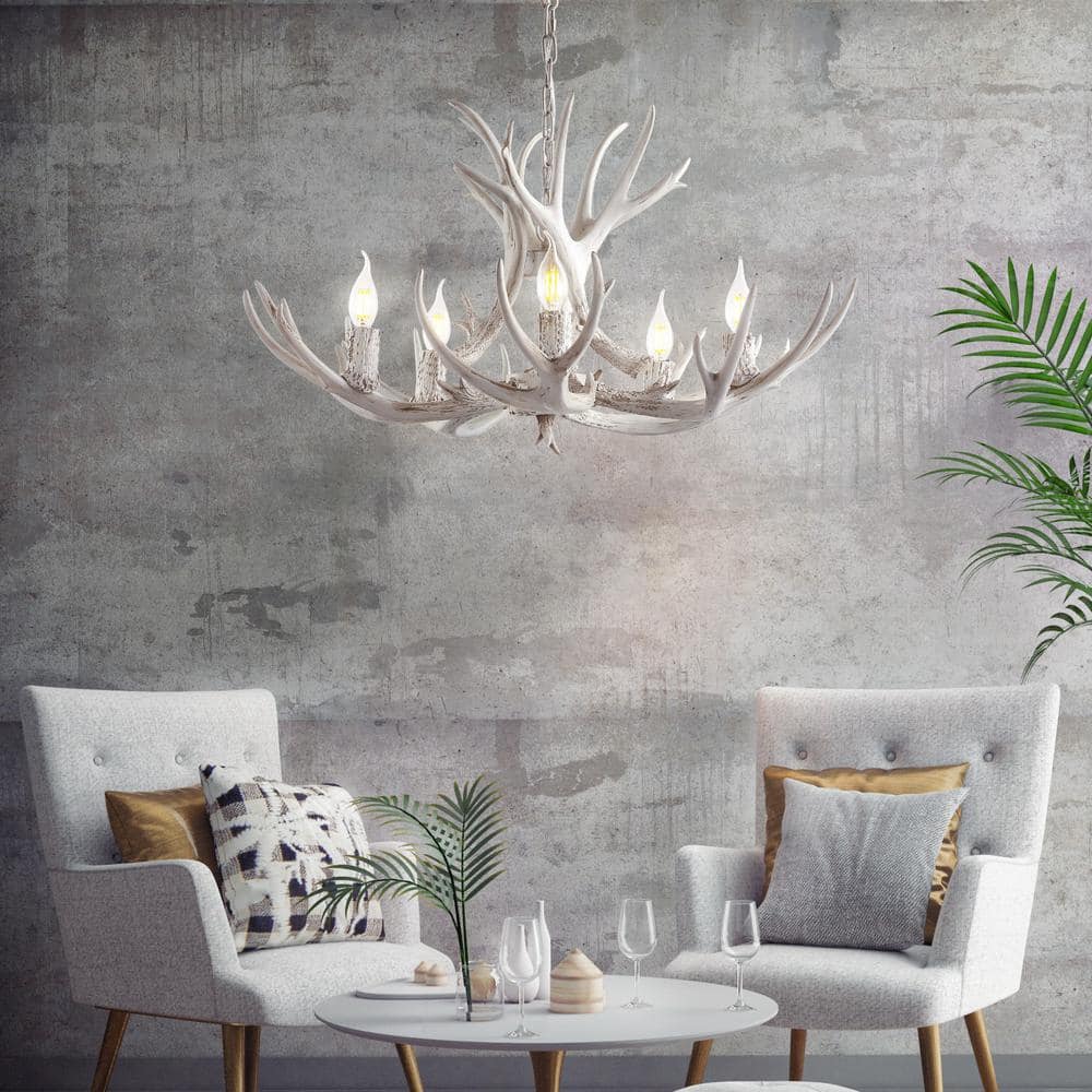 Eldora 30" White Adjustable Resin Antler 5-Light LED Chandelier