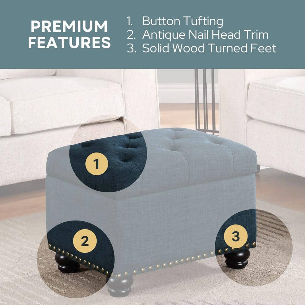 Elegant Dark Blue Tufted Storage Ottoman with Antique Nailhead Trim