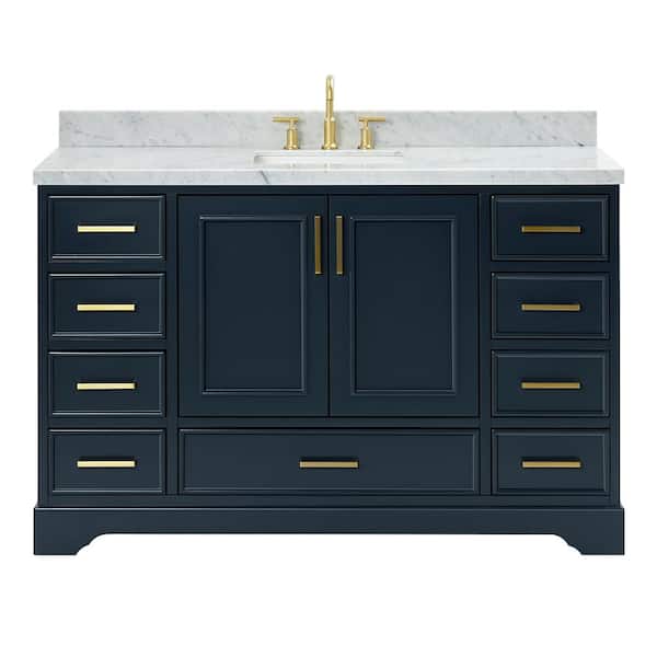 Stafford 54 in. W x 22 in. D x 36 in. H Single Sink Bath Vanity in Midnight Blue with Carrara White Marble Top