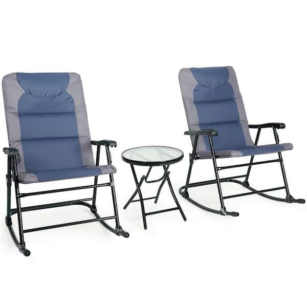 FORCLOVER 3-Pieces Outdoor Folding Rocking Conversation Set with Cushion in Blue