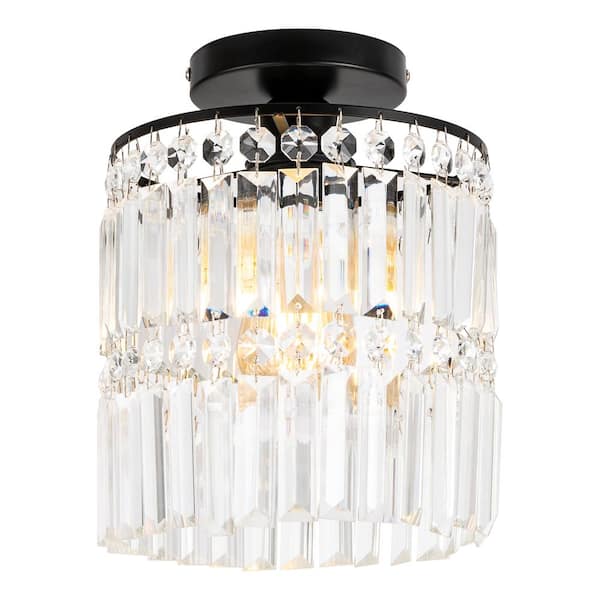 OUKANING 7.87 in. 1-Light Black Modern Semi-Flush Mount Ceiling Light with Clear Crystal Shade and No Bulbs Included