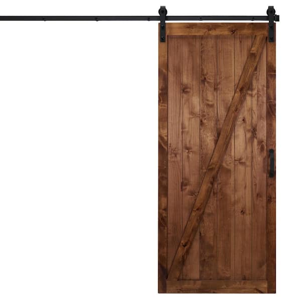 Dogberry Collections 36 in. x 84 in. Classic Z Walnut Alder Wood Interior Sliding Barn Door Slab with Hardware Kit